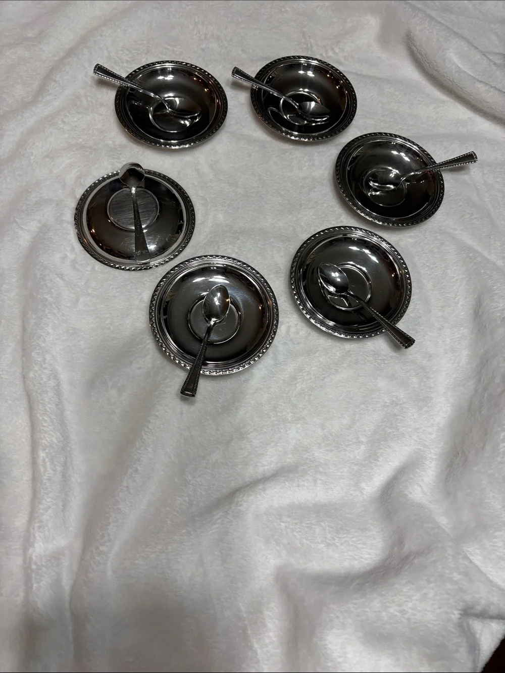 Set of Six Silver Dessert Bowls with Spoons